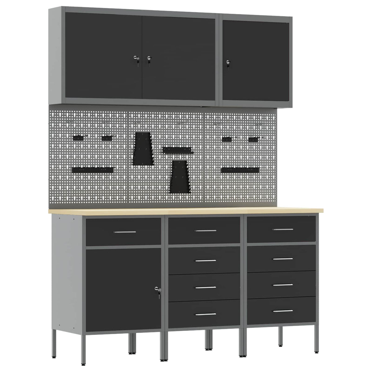 Work Cabinet 8 pcs Black and Grey Engineered Wood and Steel