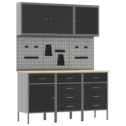 Work Cabinet 8 pcs Black and Grey Engineered Wood and Steel