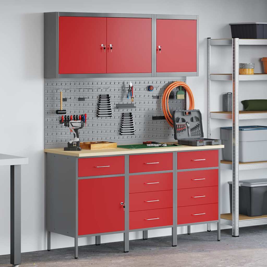 Work Cabinet 8 pcs Red and Grey Engineered Wood and Steel