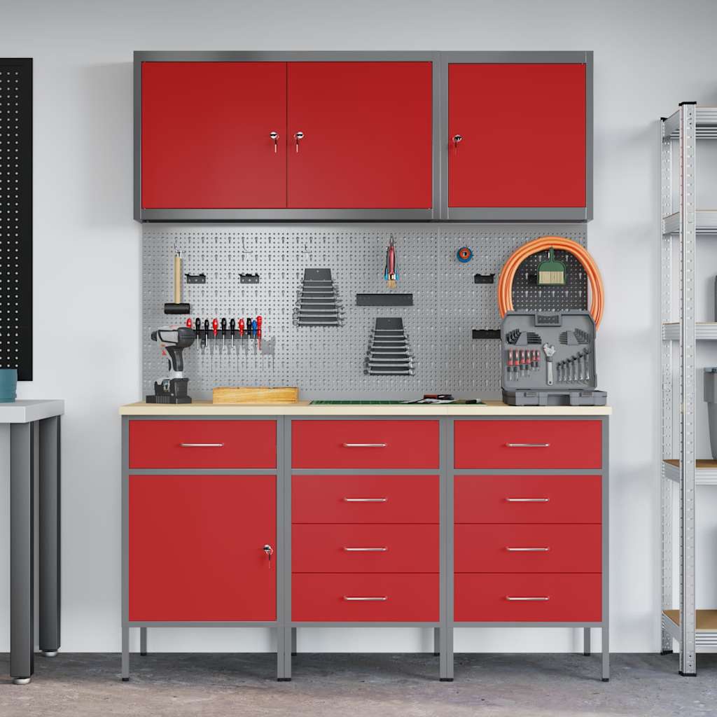 Work Cabinet 8 pcs Red and Grey Engineered Wood and Steel