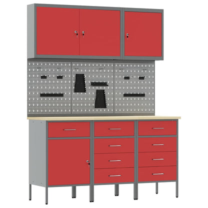 Work Cabinet 8 pcs Red and Grey Engineered Wood and Steel