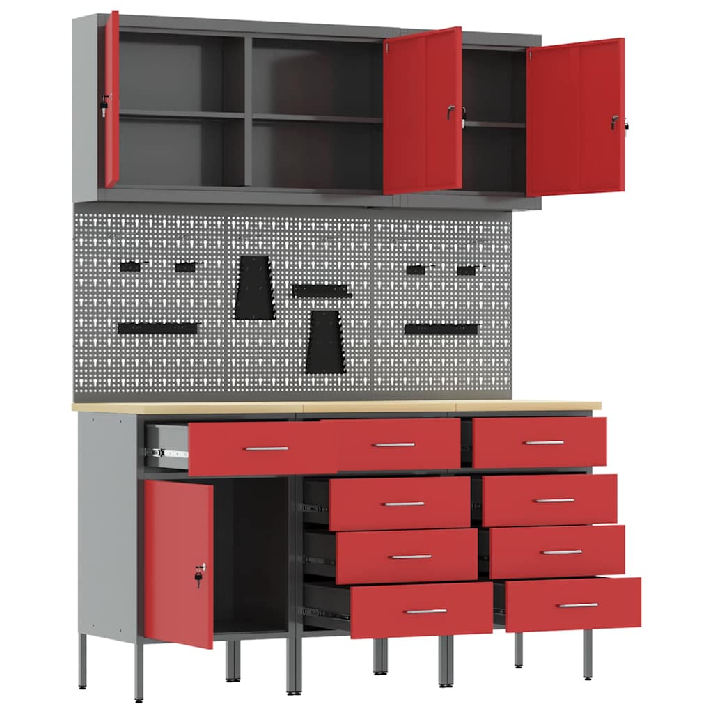 Work Cabinet 8 pcs Red and Grey Engineered Wood and Steel
