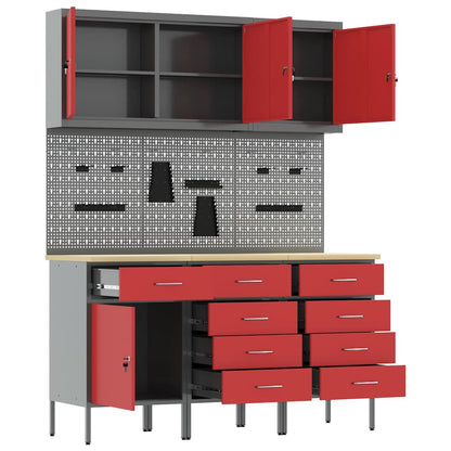 Work Cabinet 8 pcs Red and Grey Engineered Wood and Steel