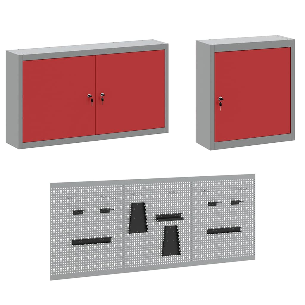 Work Cabinet 8 pcs Red and Grey Engineered Wood and Steel