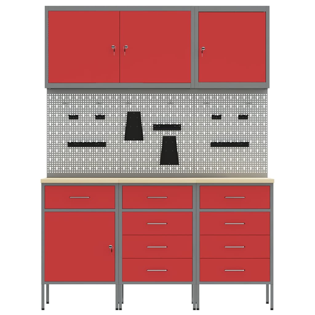 Work Cabinet 8 pcs Red and Grey Engineered Wood and Steel