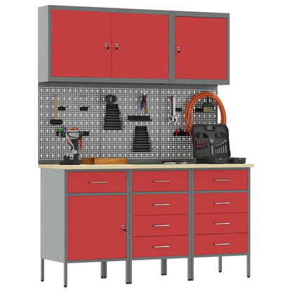 Work Cabinet 8 pcs Red and Grey Engineered Wood and Steel