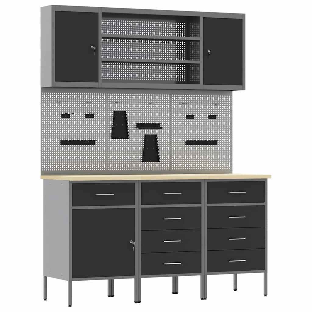 Work Cabinet with Drawer 7 pcs Black Engineered Wood and Steel