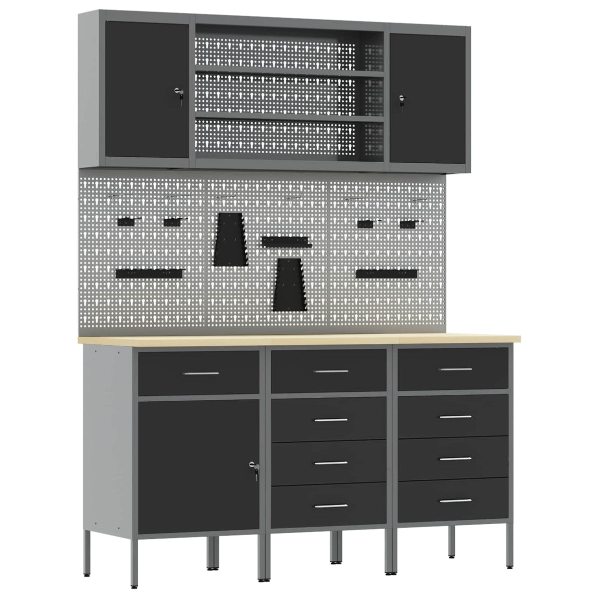 Work Cabinet 7 pcs Black and Grey Engineered Wood and Steel