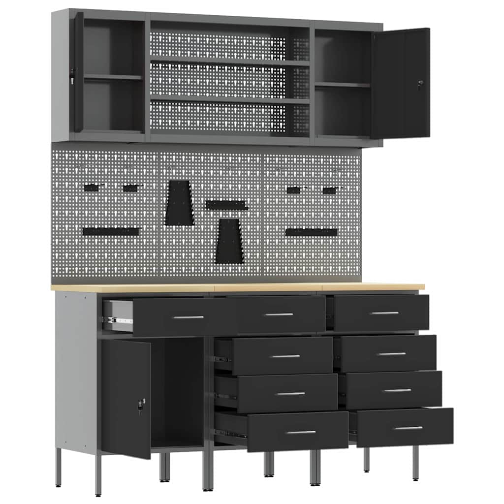 Work Cabinet with Drawer 7 pcs Black Engineered Wood and Steel