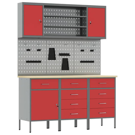 Work Cabinet 7 pcs Red and Grey Engineered Wood and Steel