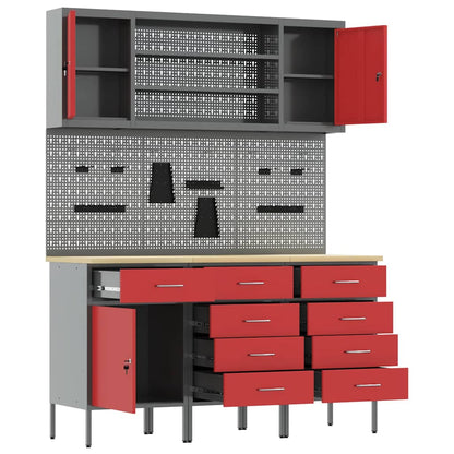 Work Cabinet 7 pcs Red and Grey Engineered Wood and Steel