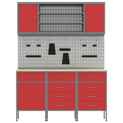Work Cabinet 7 pcs Red and Grey Engineered Wood and Steel