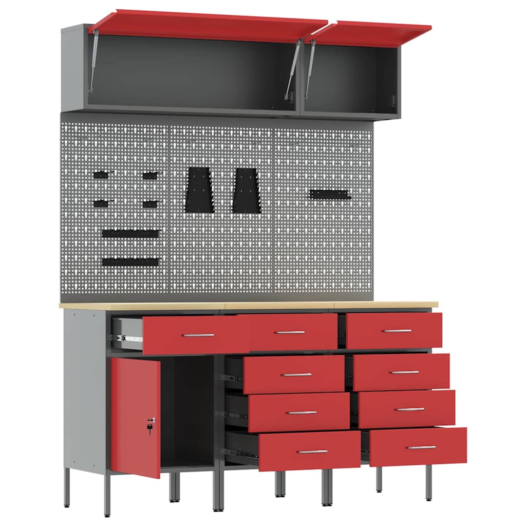 Work Cabinet Set 8 pcs Red Steel and Engineered Wood