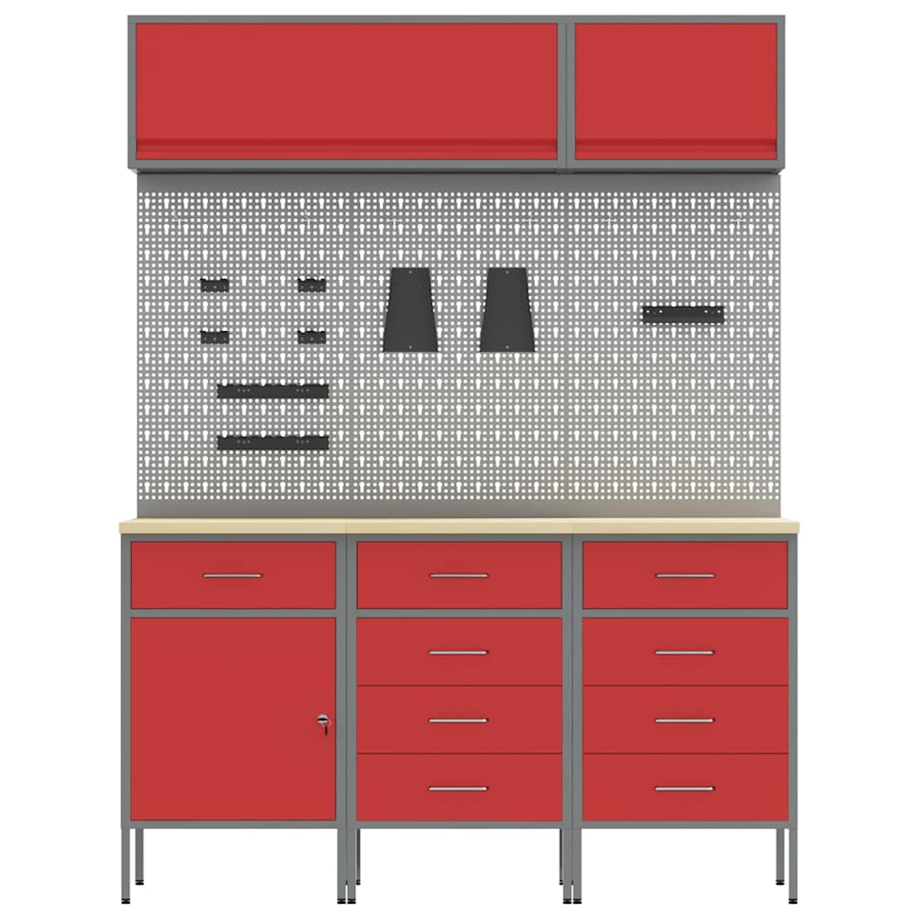Work Cabinet Set 8 pcs Red Steel and Engineered Wood