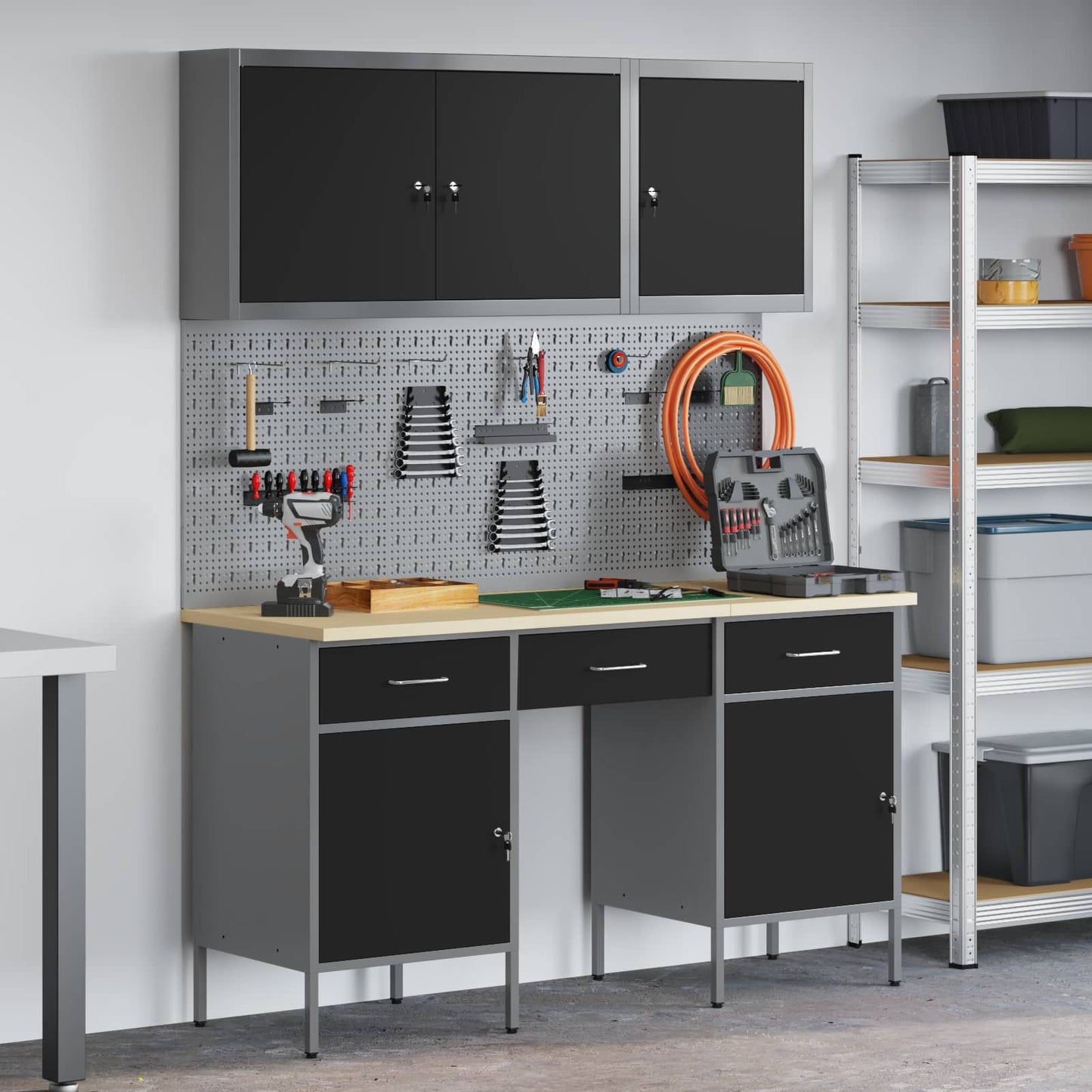 Work Cabinet with Drawer 10 pcs Black Engineered Wood and Steel