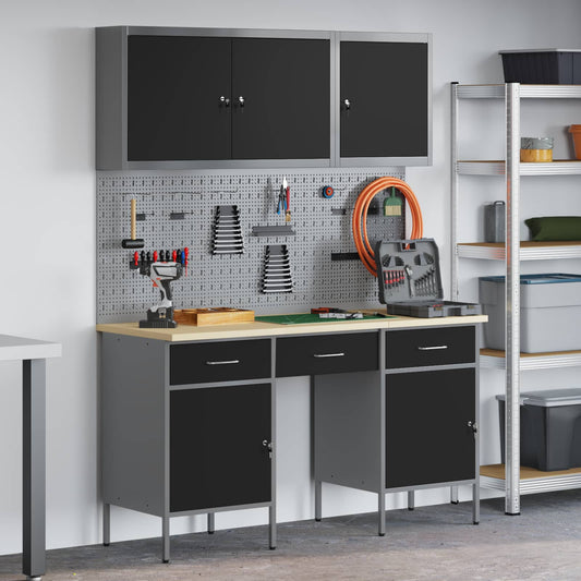 Work Cabinet 8 pcs Black and Grey Engineered Wood and Steel