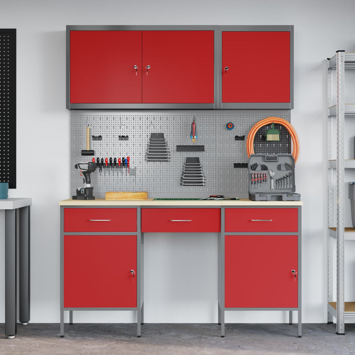 Work Cabinet 8 pcs Red and Grey Engineered Wood and Steel