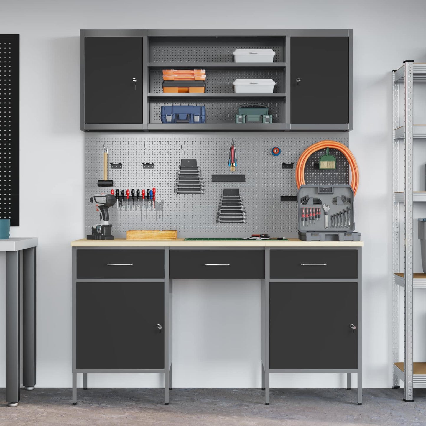 Work Cabinet with Drawer 10 pcs Black Engineered Wood and Steel
