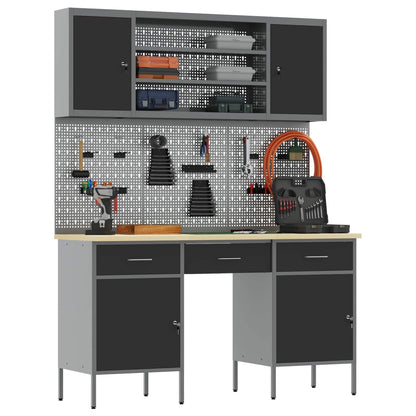Work Cabinet with Drawer 10 pcs Black Engineered Wood and Steel