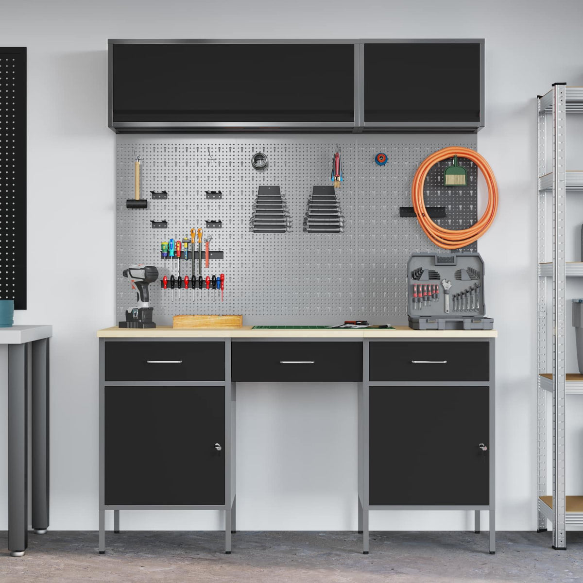Work Cabinet Set with Drawer with Shelf Manual 8 pcs Black