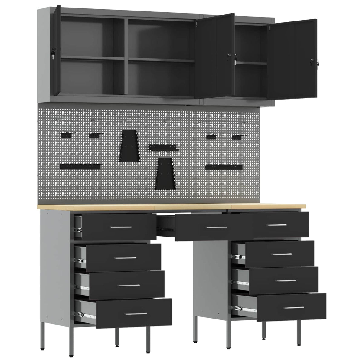 Work Cabinet 8 pcs Black and Grey Engineered Wood and Steel