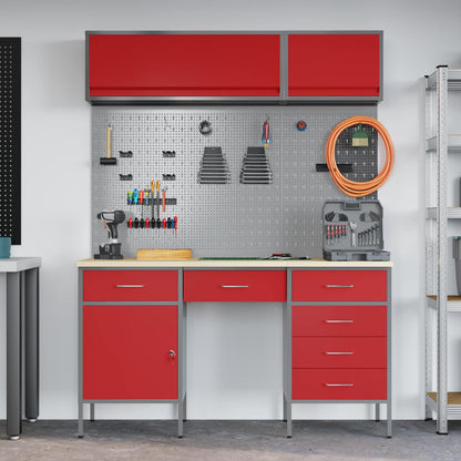 Work Cabinet with Drawer 8 pcs Red Engineered Wood and Steel