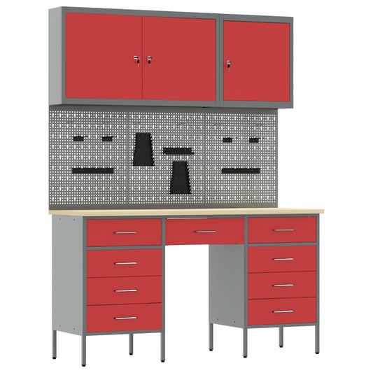 Work Cabinet with Drawer 8 pcs Red Engineered Wood and Steel