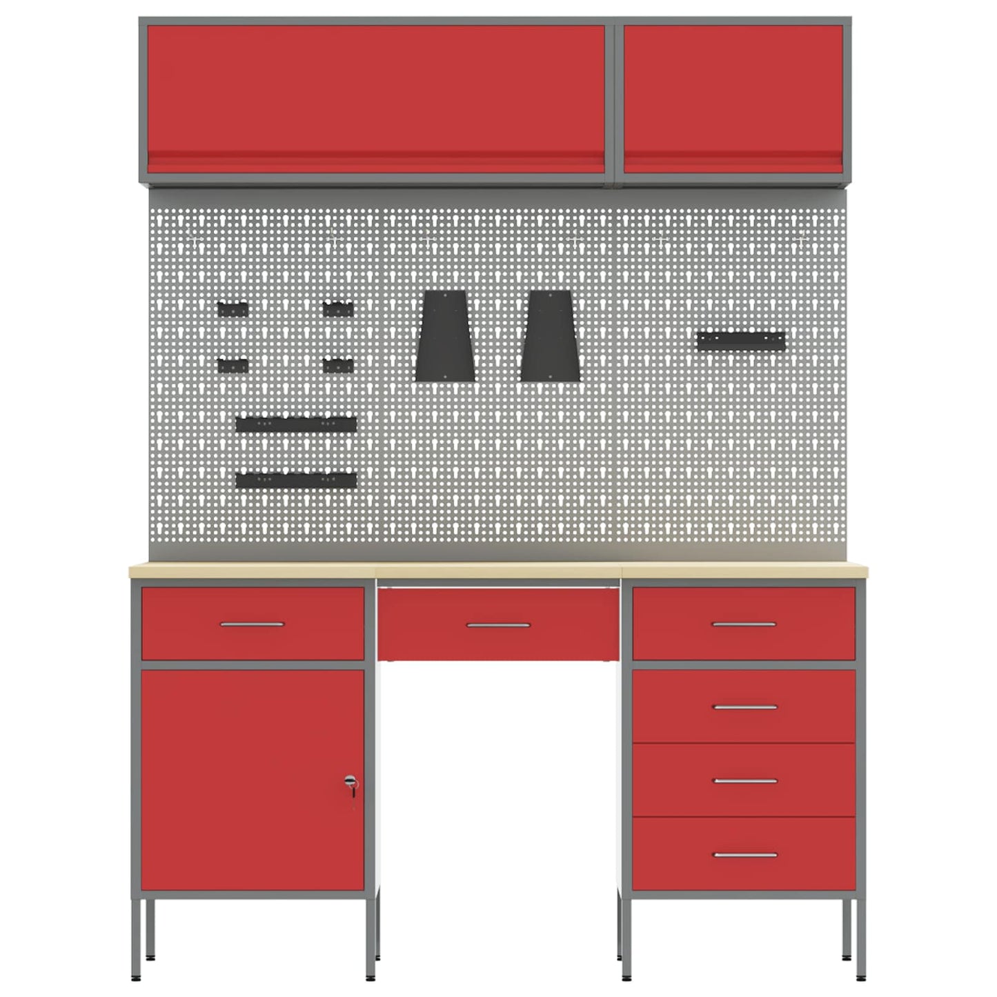 Work Cabinet with Drawer 8 pcs Red Engineered Wood and Steel