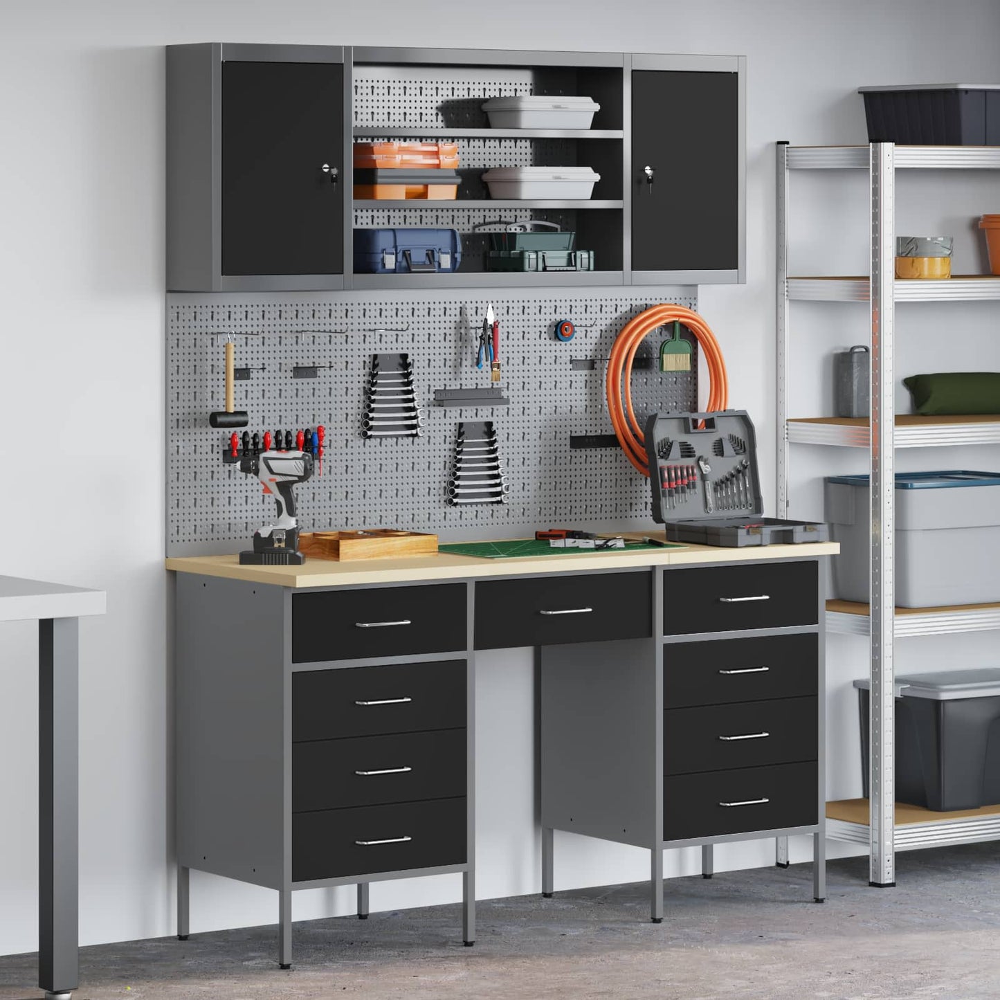 Work Cabinet 7 pcs Black and Grey Engineered Wood and Steel