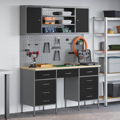 Work Cabinet 7 pcs Black and Grey Engineered Wood and Steel