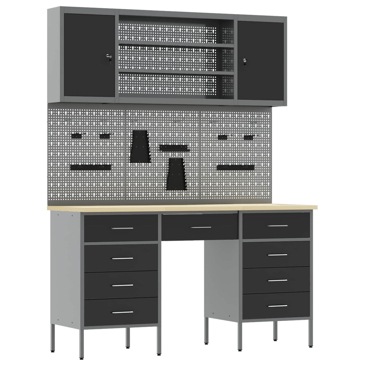 Work Cabinet 7 pcs Black and Grey Engineered Wood and Steel