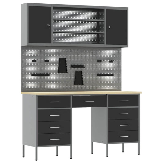 Work Cabinet 7 pcs Black and Grey Engineered Wood and Steel