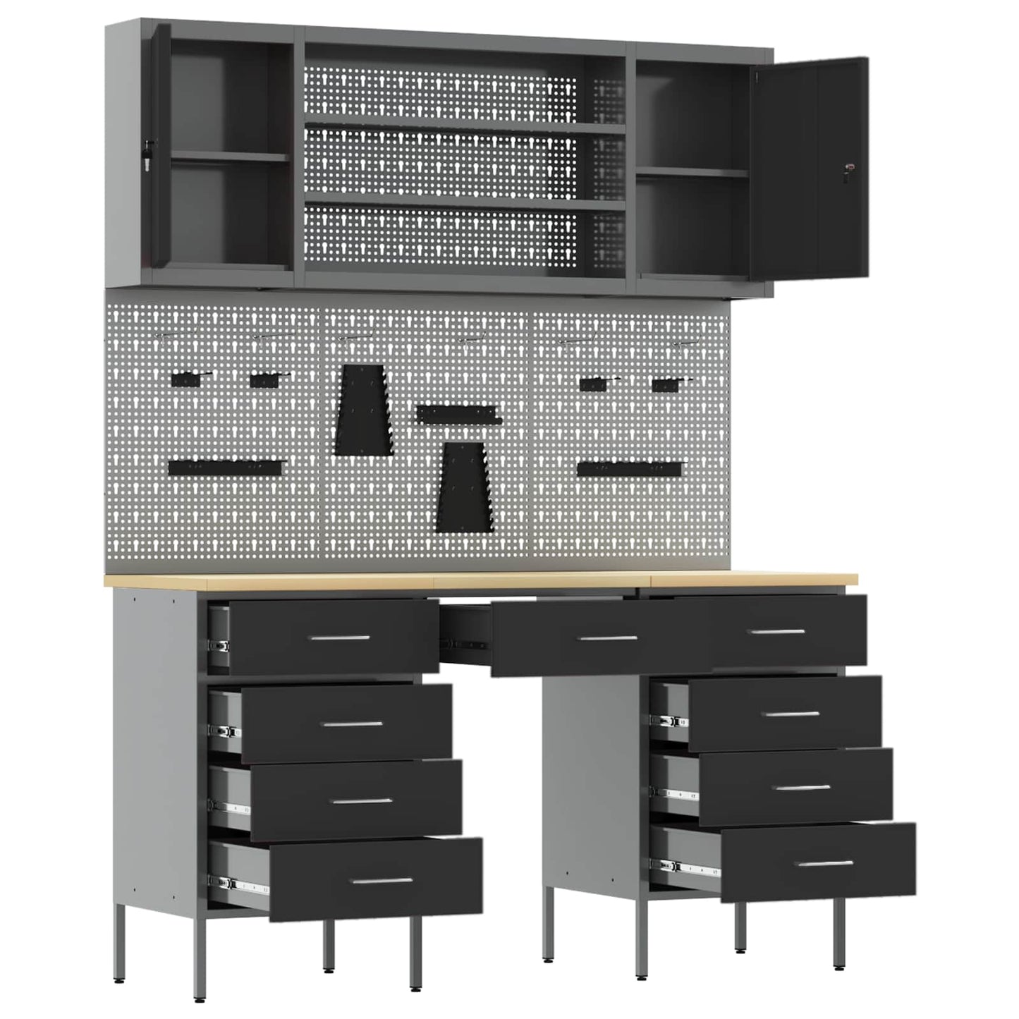 Work Cabinet 7 pcs Black and Grey Engineered Wood and Steel