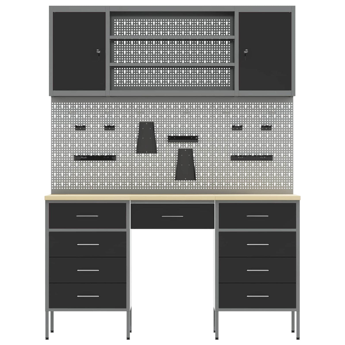 Work Cabinet 7 pcs Black and Grey Engineered Wood and Steel