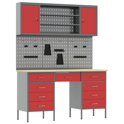 Work Cabinet 7 pcs Red and Grey Engineered Wood and Steel