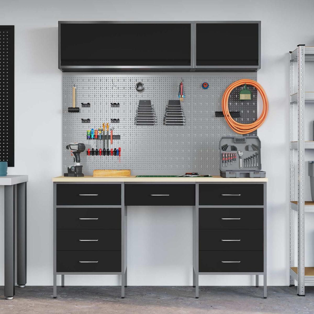 Work Cabinet Set with Drawer with Storage Manual 8 pcs Black