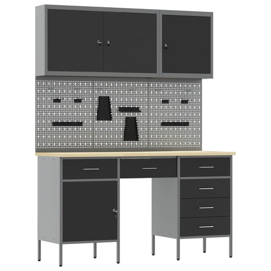 Work Cabinet with Drawer 8 pcs Black Engineered Wood and Steel