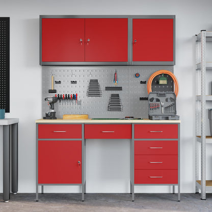 Work Cabinet with Drawer 8 pcs Red Engineered Wood and Steel