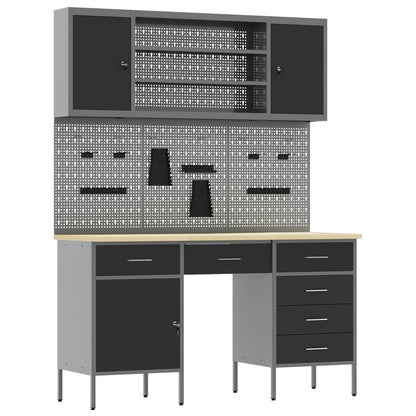 Work Cabinet 7 pcs Black and Grey Engineered Wood and Steel