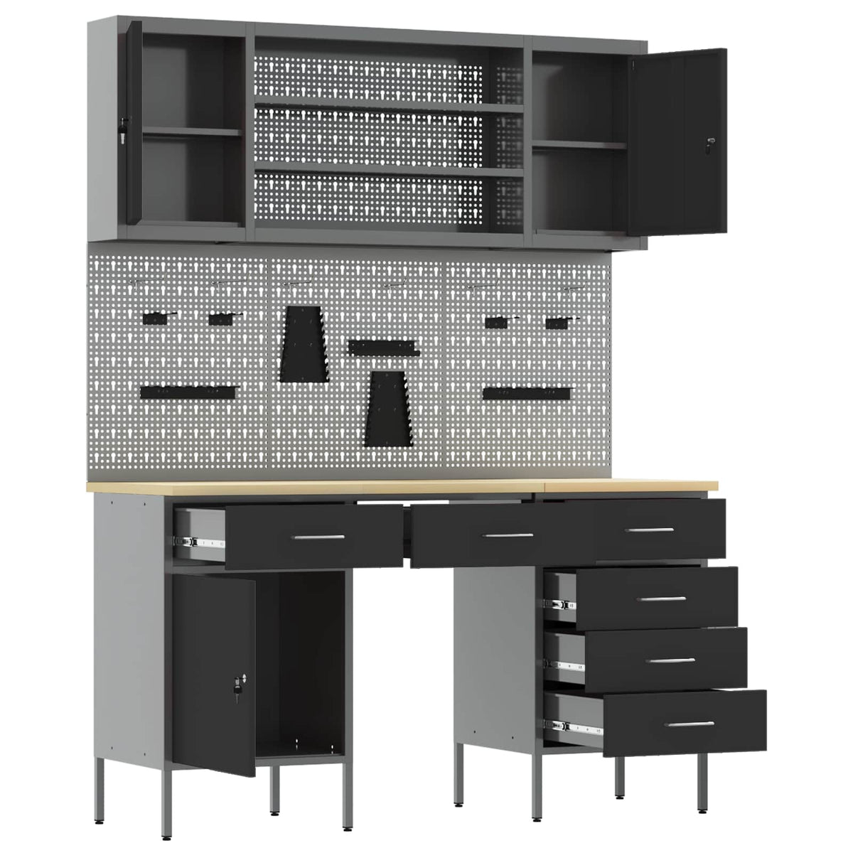 Work Cabinet 7 pcs Black and Grey Engineered Wood and Steel