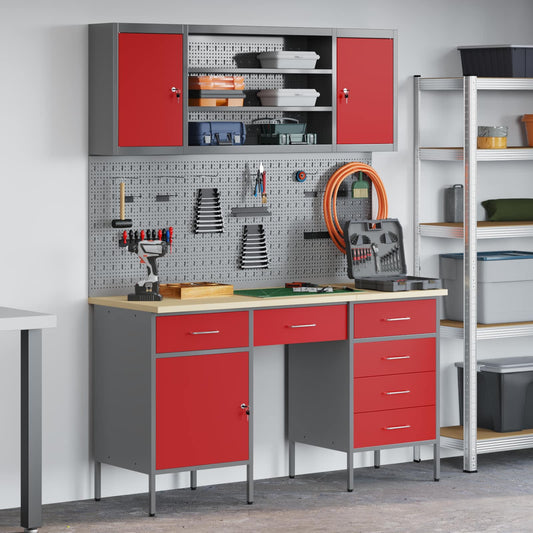 Work Cabinet 7 pcs Red and Grey Engineered Wood and Steel