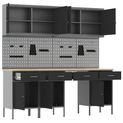 Work Cabinet with Drawer 10 pcs Black Engineered Wood and Steel