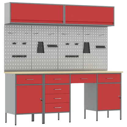 Work Cabinet with Drawer 10 pcs Red Engineered Wood and Steel