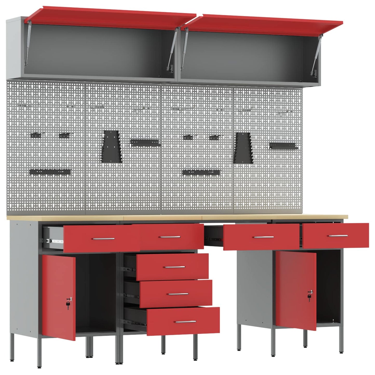 Work Cabinet with Drawer 10 pcs Red Engineered Wood and Steel