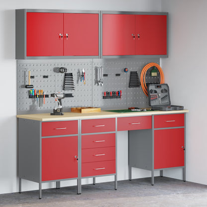 Work Cabinet with Drawer 10 pcs Red Engineered Wood and Steel