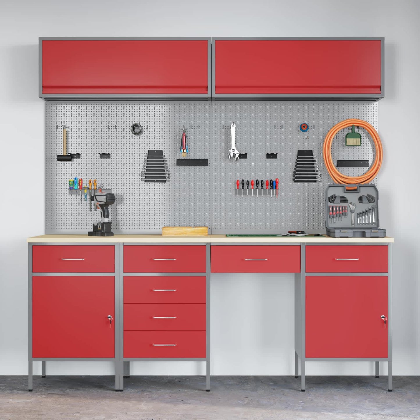 Work Cabinet with Drawer 10 pcs Red Engineered Wood and Steel