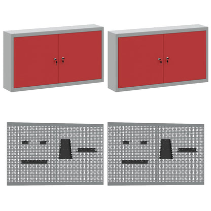 Work Cabinet with Drawer 10 pcs Red Engineered Wood and Steel