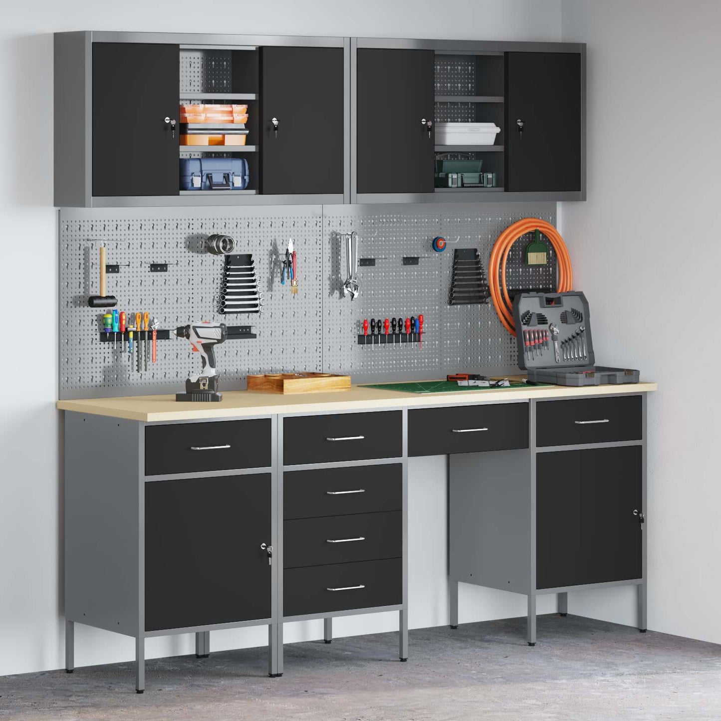Work Cabinet 10 pcs Black and Grey Engineered Wood and Steel