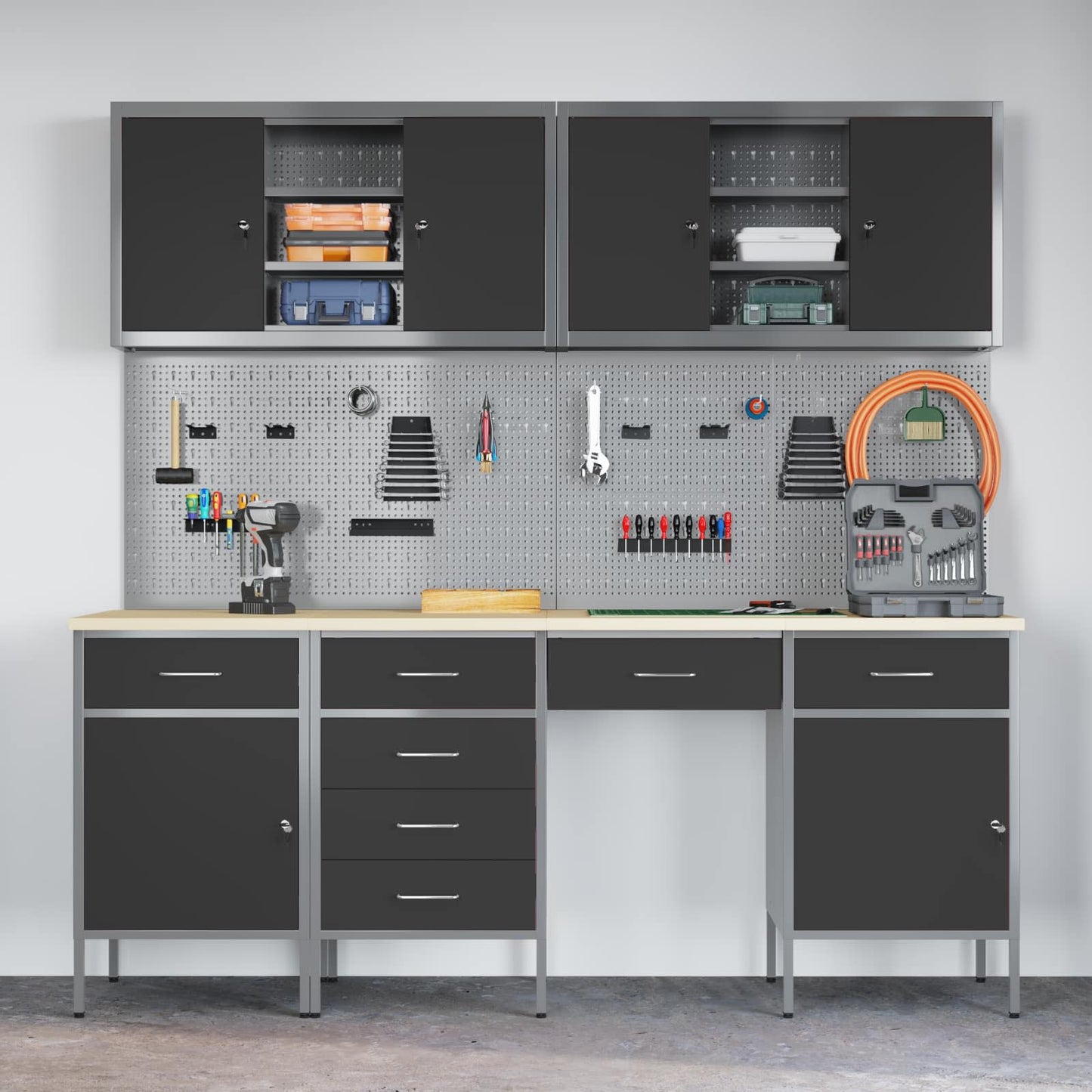 Work Cabinet 10 pcs Black and Grey Engineered Wood and Steel