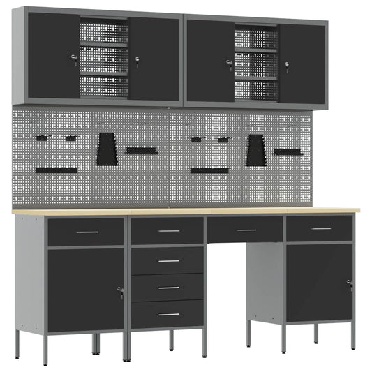 Work Cabinet 10 pcs Black and Grey Engineered Wood and Steel